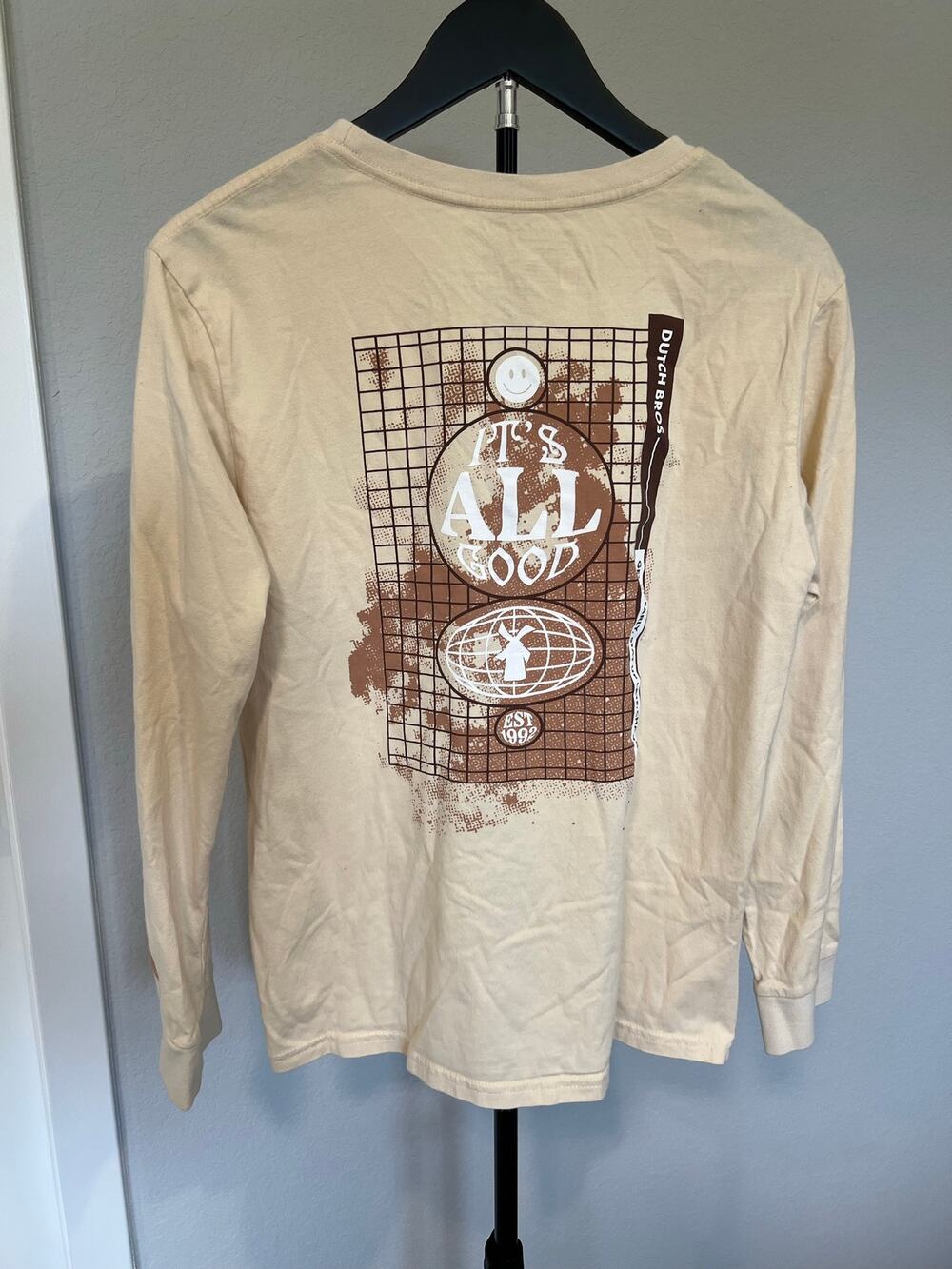 Dutch Bros It’s All Good Long Sleeve Graphic Tee Cream Large Casual Streetwear